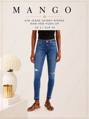 MANGO Kim Jeans Skinny Ripped Raw Hem Push-Up US 2 (25) EUR 34